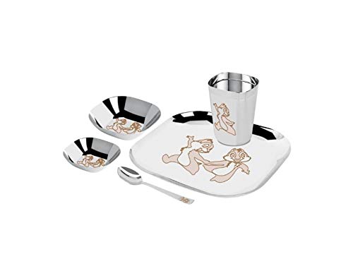 MARWALL 5 Pcs Cartoon Laser Print Stainless Steel Kids Dinner SetSquare2 Bowls 1 Glass 1 Spoon 1 Plate - Image 1
