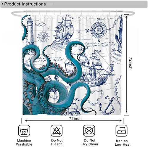 DESIHOM Blue Nautical Octopus Shower Curtain Set, Funny Ocean Kraken Shower Curtains for Bathroom, Beach Coastal Pirate Map Decor Polyester Fabric-72" x 72" - Image 5