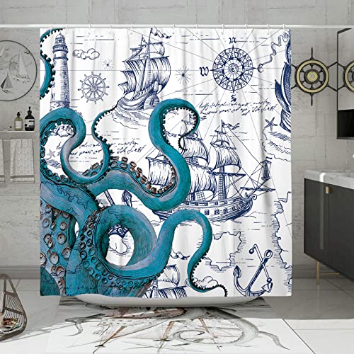 DESIHOM Blue Nautical Octopus Shower Curtain Set, Funny Ocean Kraken Shower Curtains for Bathroom, Beach Coastal Pirate Map Decor Polyester Fabric-72" x 72" - Image 1