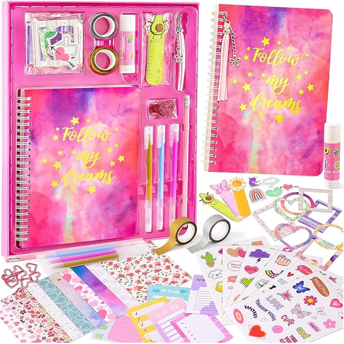 DIY Journal Kit for Girls, Scrapbook Kit Journal Diary Notebook Gifts for Girls, Journaling Arts Craft Kit Birthday Holiday DIY Craft Kits 8 9 10 11 12, Scrapbook & Diary Supplies Set (pink-1)