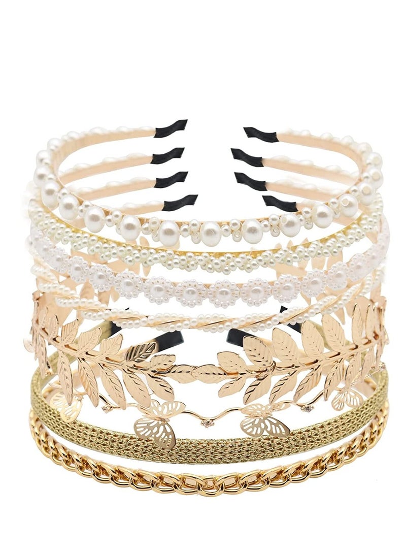 ORiTi 8 PCS Headbands Gold Pearls Metal Butterfly Flower Bridal Wedding Hair Accessories for Women Gift - Image 1