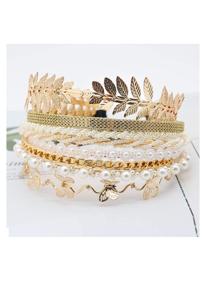 ORiTi 8 PCS Headbands Gold Pearls Metal Butterfly Flower Bridal Wedding Hair Accessories for Women Gift - Image 2