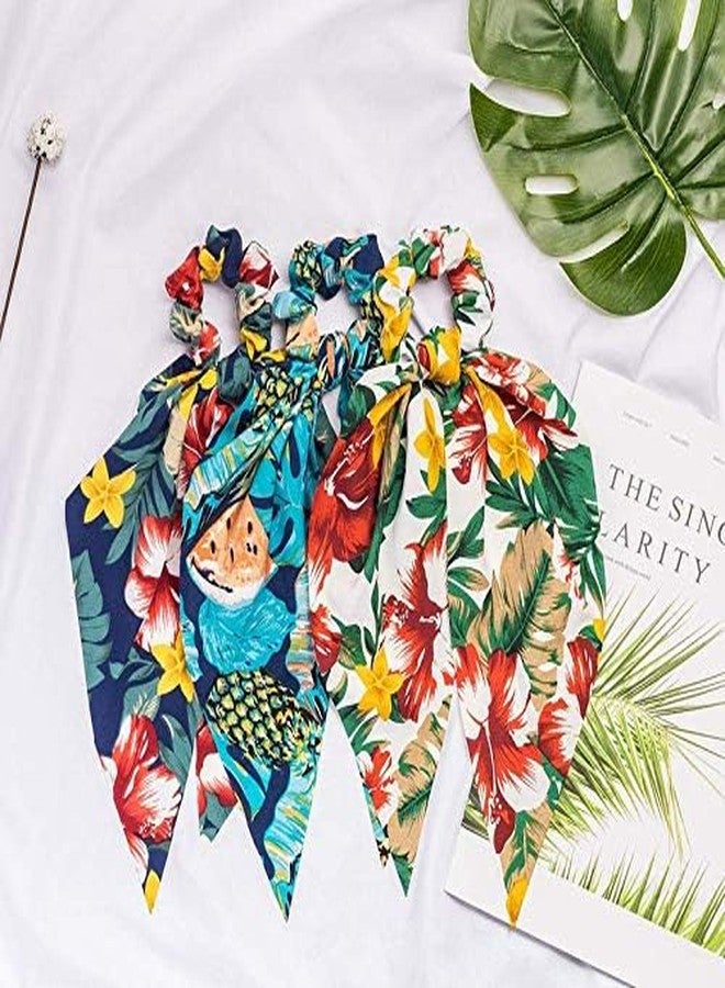 Minta 6 Pcs Hair Scarf Scrunchies,Tropical Style Chiffon Floral Scrunchie Scarf Ponytail Holder with Bows,Flower Pattern Ponytail Scarf - Image 5