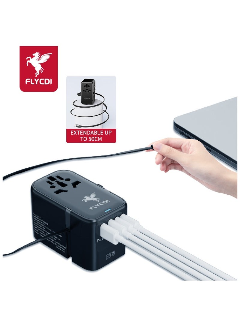 فلاي سي دي اي  محول سفر عالمي FLYCDI بقوة 65 وات مع كابل شحن مدمج بطول 50 سم | 5 منافذ – 2× USB-A 20 وات، 2× USB-C 20 وات، 1× USB-C 65 وات | شحن سريع ومحمول - Image 4