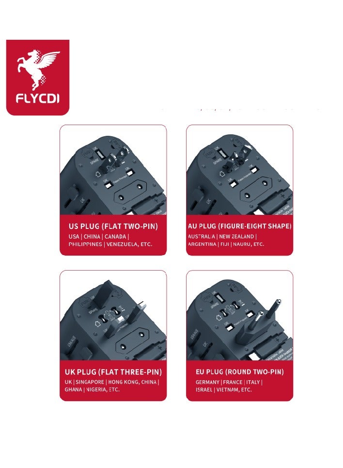 فلاي سي دي اي  محول سفر عالمي FLYCDI بقوة 65 وات مع كابل شحن مدمج بطول 50 سم | 5 منافذ – 2× USB-A 20 وات، 2× USB-C 20 وات، 1× USB-C 65 وات | شحن سريع ومحمول - Image 5