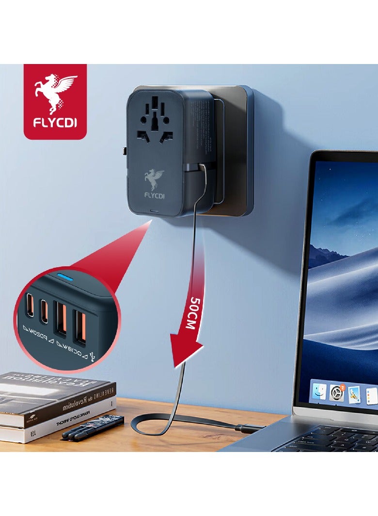فلاي سي دي اي  محول سفر عالمي FLYCDI بقوة 65 وات مع كابل شحن مدمج بطول 50 سم | 5 منافذ – 2× USB-A 20 وات، 2× USB-C 20 وات، 1× USB-C 65 وات | شحن سريع ومحمول - Image 2