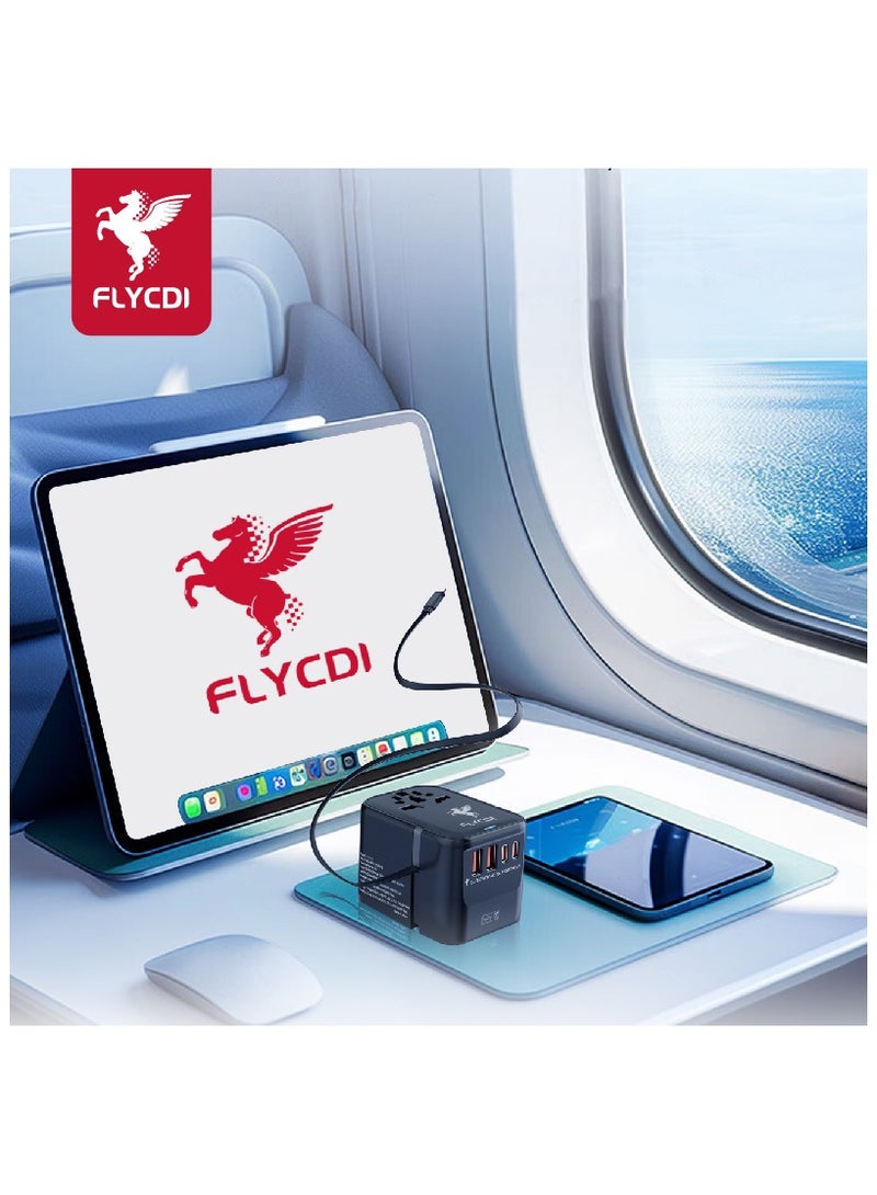 فلاي سي دي اي  محول سفر عالمي FLYCDI بقوة 65 وات مع كابل شحن مدمج بطول 50 سم | 5 منافذ – 2× USB-A 20 وات، 2× USB-C 20 وات، 1× USB-C 65 وات | شحن سريع ومحمول - Image 3