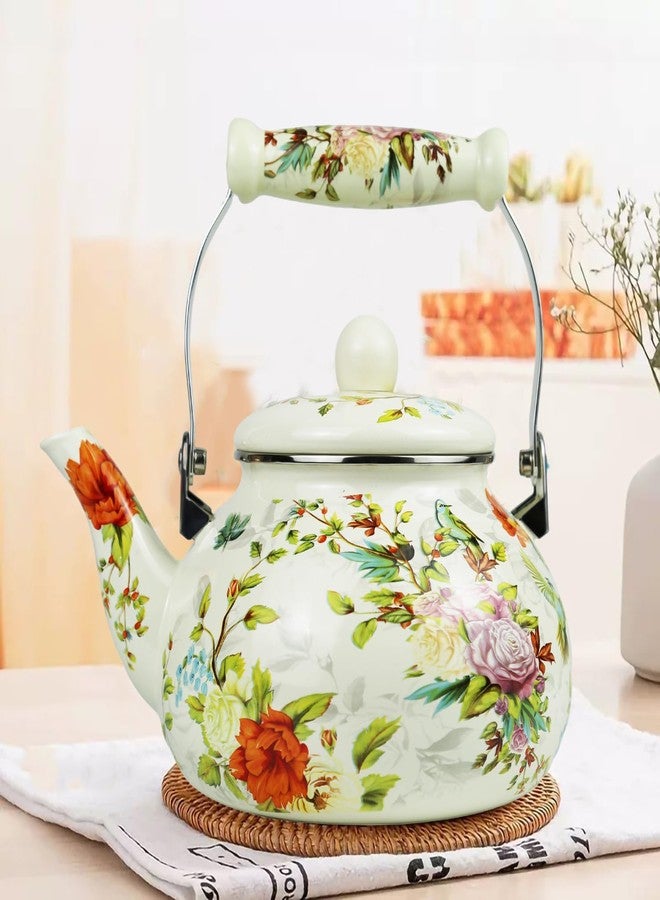 Leebright Floral Vintage Enamel Tea Kettle Bird Bloom Country Cream Teapot Watercolor Hot Water Coffee Kettle Pot 2.5L Enamel Tea Pot with Ceramic Handle for Stovetop Kitchen Home Decor - Image 3