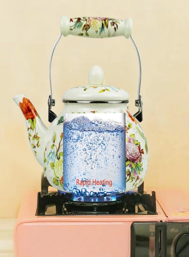 Leebright Floral Vintage Enamel Tea Kettle Bird Bloom Country Cream Teapot Watercolor Hot Water Coffee Kettle Pot 2.5L Enamel Tea Pot with Ceramic Handle for Stovetop Kitchen Home Decor - Image 5