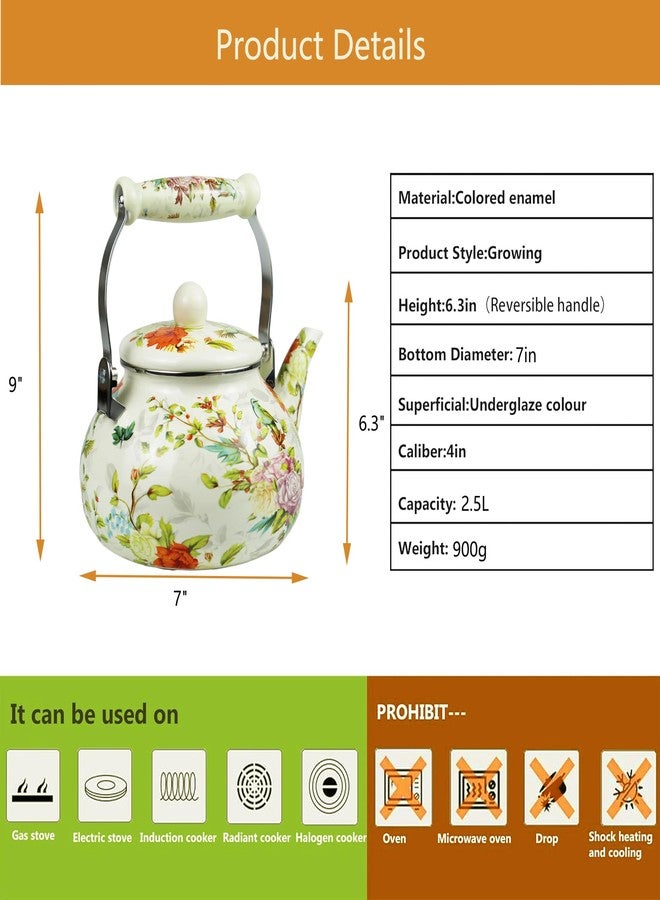 Leebright Floral Vintage Enamel Tea Kettle Bird Bloom Country Cream Teapot Watercolor Hot Water Coffee Kettle Pot 2.5L Enamel Tea Pot with Ceramic Handle for Stovetop Kitchen Home Decor - Image 2