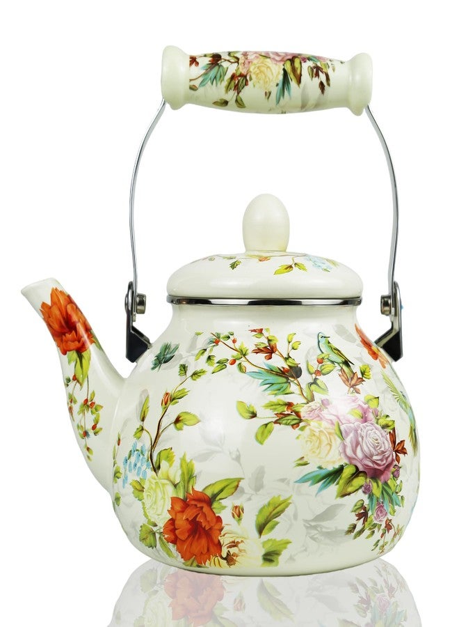 Leebright Floral Vintage Enamel Tea Kettle Bird Bloom Country Cream Teapot Watercolor Hot Water Coffee Kettle Pot 2.5L Enamel Tea Pot with Ceramic Handle for Stovetop Kitchen Home Decor - Image 1