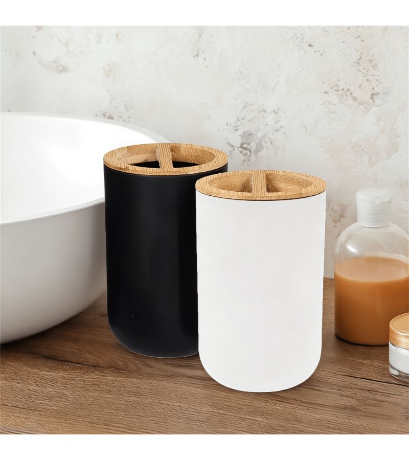 Black Freestanding Toothbrush Toothpaste Holder Durable Plastic No Drill Adhesive Space Saving - Image 1