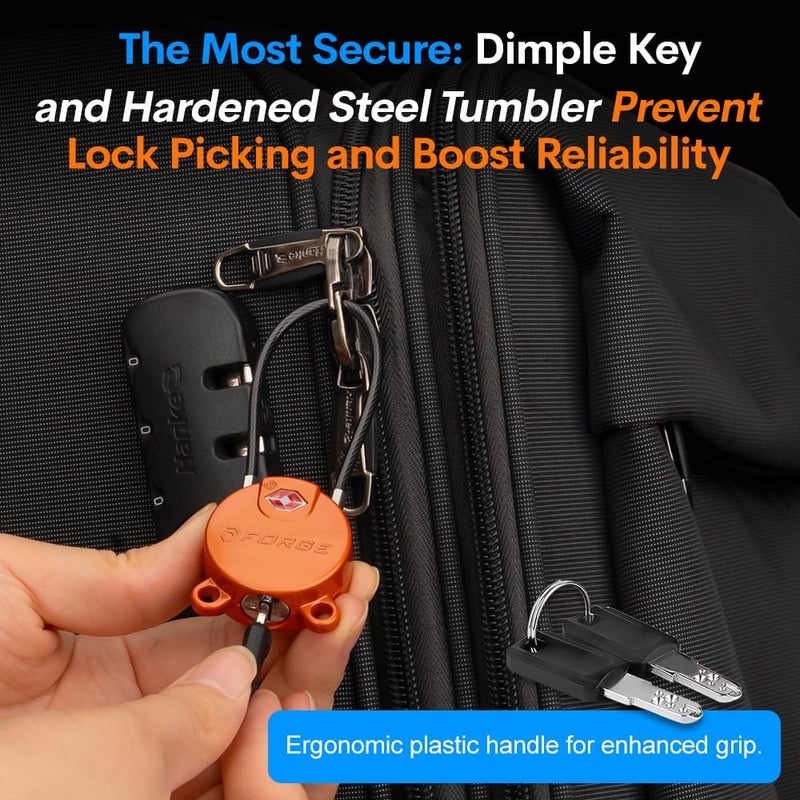 Forge TSA Approved Luggage Locks Ultra-Secure Dimple Key Cable Locks for Travel with Zinc Alloy Body- 2 Orange Locks - Image 3