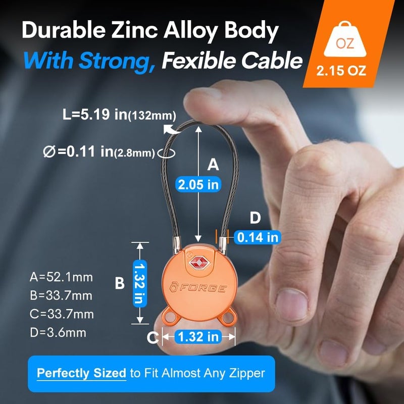 Forge TSA Approved Luggage Locks Ultra-Secure Dimple Key Cable Locks for Travel with Zinc Alloy Body- 2 Orange Locks - Image 5