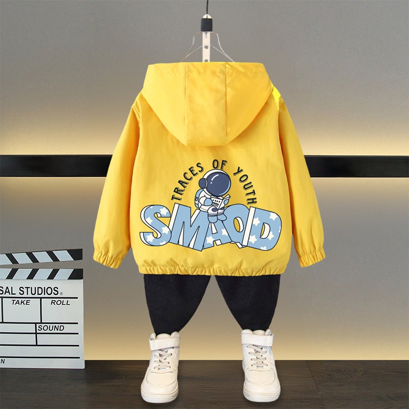 Boys Spring Cartoon Coat Top 2025 New Western Style Middle and Large Childrens Casual All-match Hooded Charge Clothes Huang (reading astronaut) 