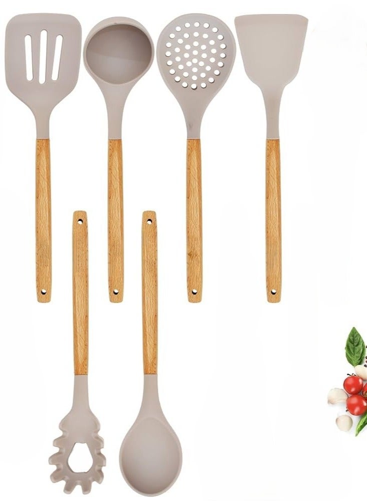 Panvil 6-Piece Silicone Kitchen Utensil Set with Wooden Handles and Stand – Heat and Scratch Resistant, Non-Toxic, Easy to Clean Cooking Tools for Nonstick Cookware (Assorted Color) - Image 3