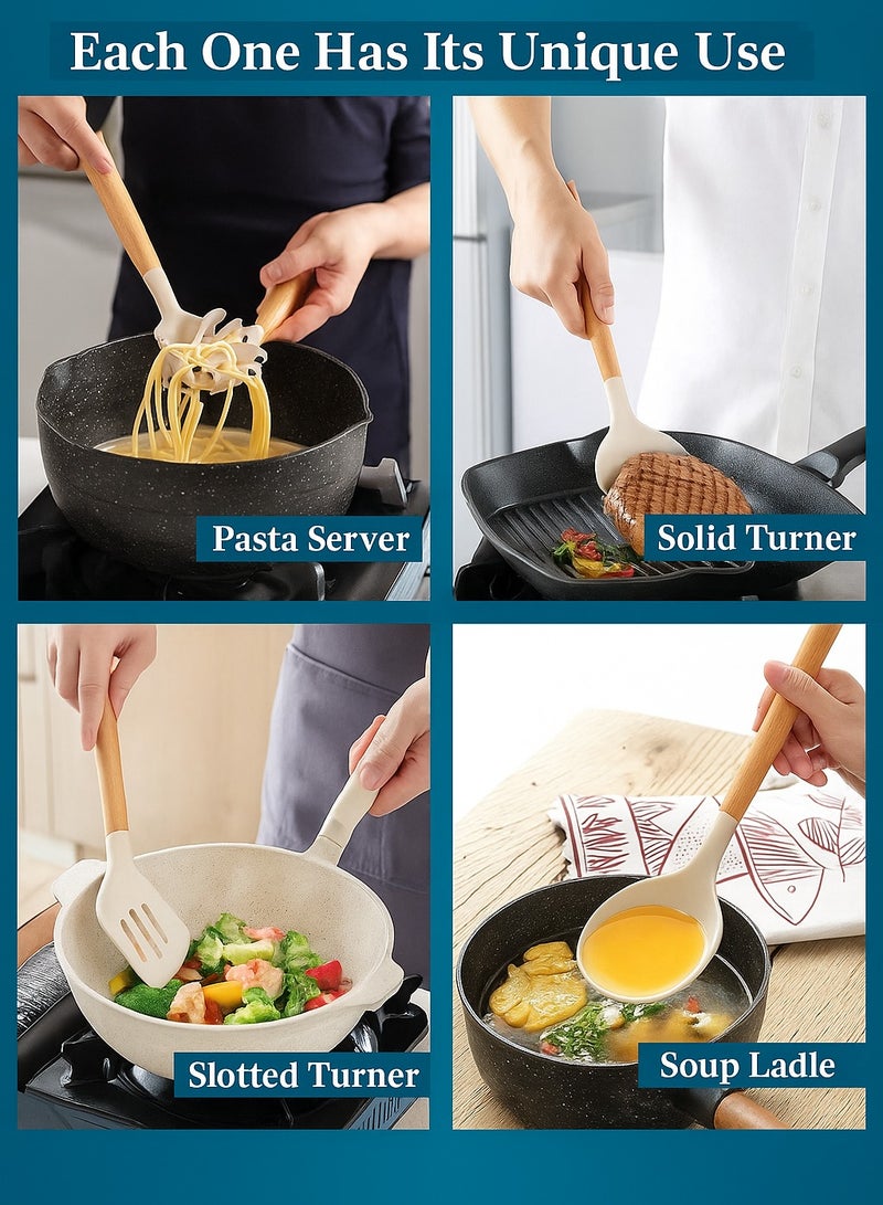 Panvil 6-Piece Silicone Kitchen Utensil Set with Wooden Handles and Stand – Heat and Scratch Resistant, Non-Toxic, Easy to Clean Cooking Tools for Nonstick Cookware (Assorted Color) - Image 4