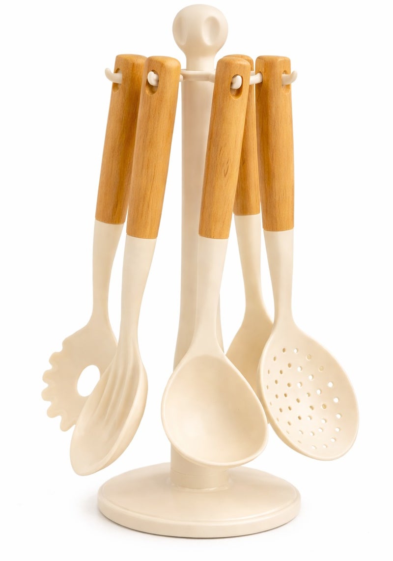 Panvil 6-Piece Silicone Kitchen Utensil Set with Wooden Handles and Stand – Heat and Scratch Resistant, Non-Toxic, Easy to Clean Cooking Tools for Nonstick Cookware (Assorted Color) - Image 1