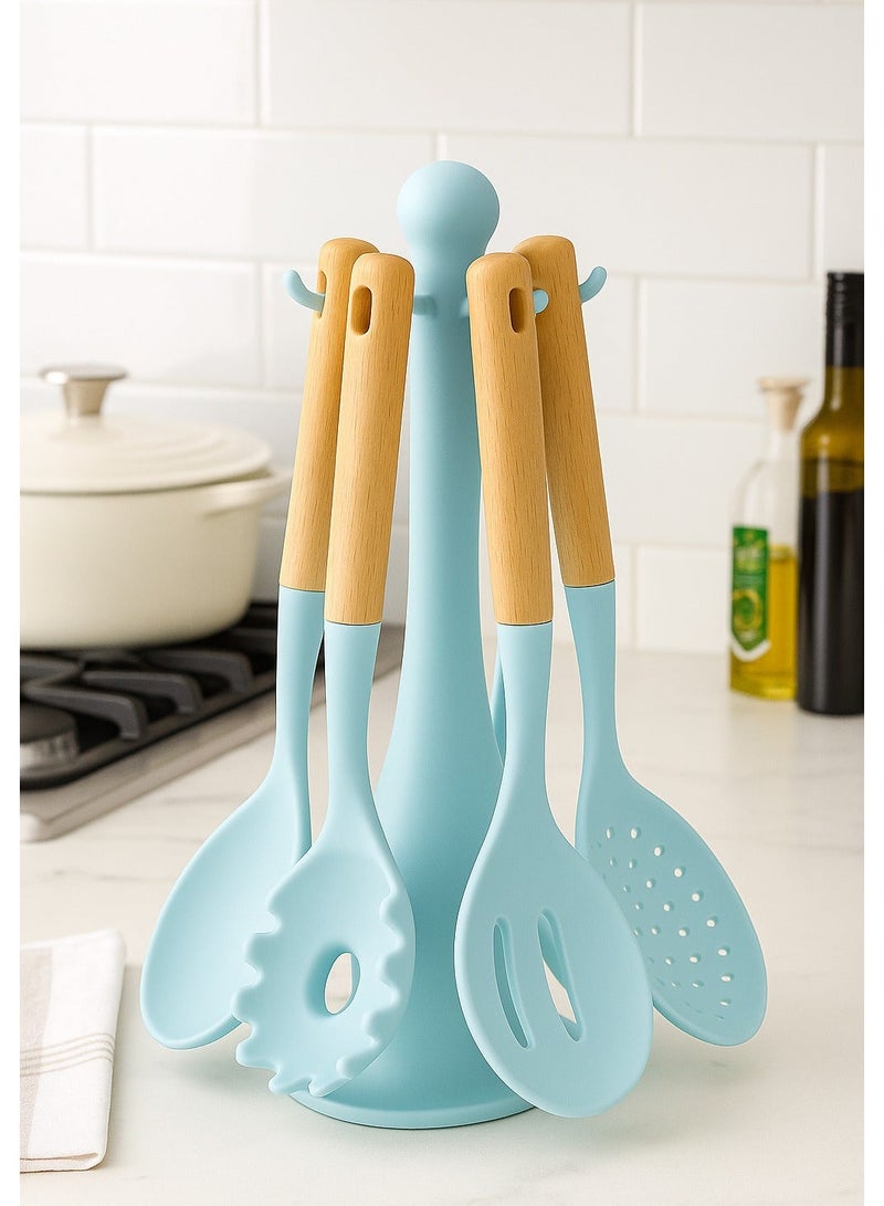 Panvil 6-Piece Silicone Kitchen Utensil Set with Wooden Handles and Stand – Heat and Scratch Resistant, Non-Toxic, Easy to Clean Cooking Tools for Nonstick Cookware (Assorted Color) - Image 5