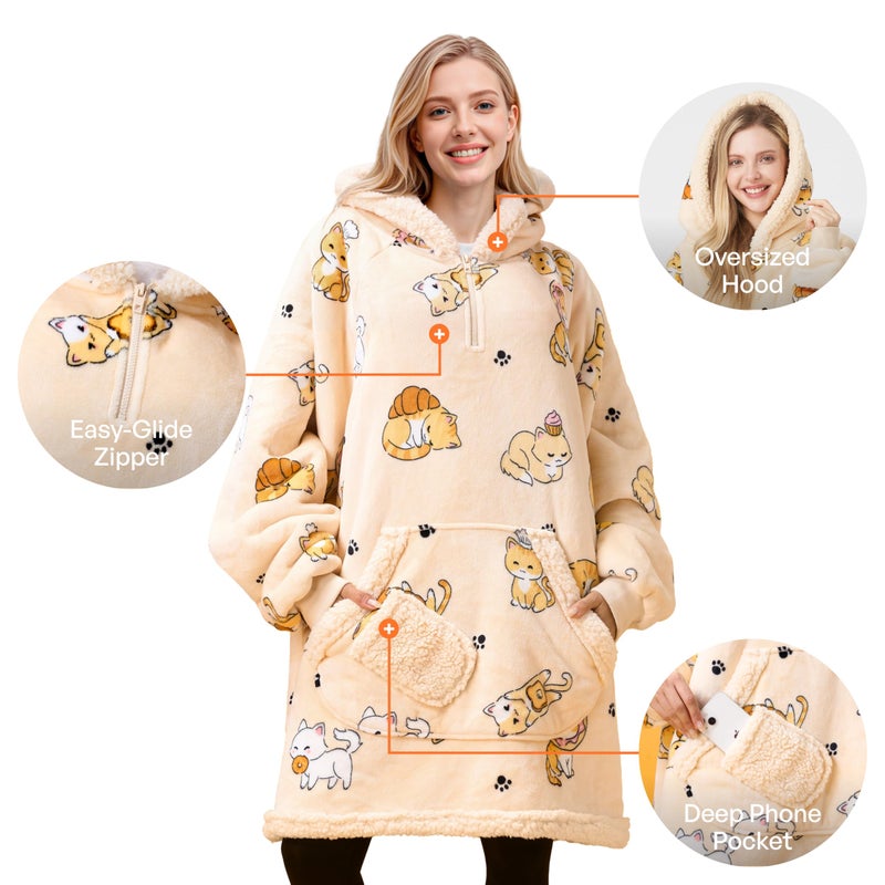 Giggling Getup Wearable Blanket Hoodie for Adults Gifts for Teen Girls Sister Women Sherpa Fleece Printed Hooded Blanket Sweatshirt Warm Cozy with Pocket & Sleeves Beige Cat - Image 3