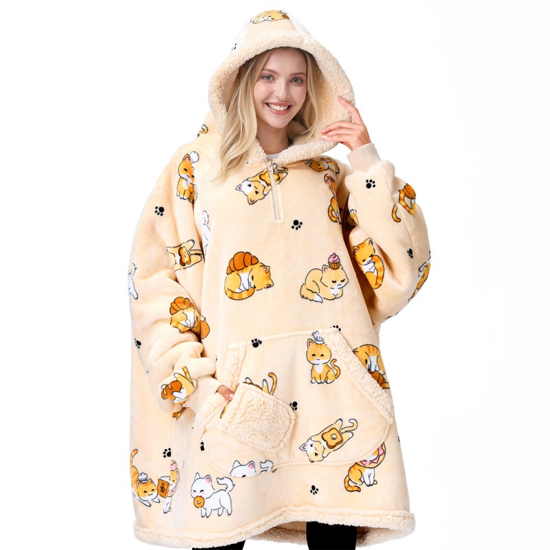 Giggling Getup Wearable Blanket Hoodie for Adults Gifts for Teen Girls Sister Women Sherpa Fleece Printed Hooded Blanket Sweatshirt Warm Cozy with Pocket & Sleeves Beige Cat - Image 1