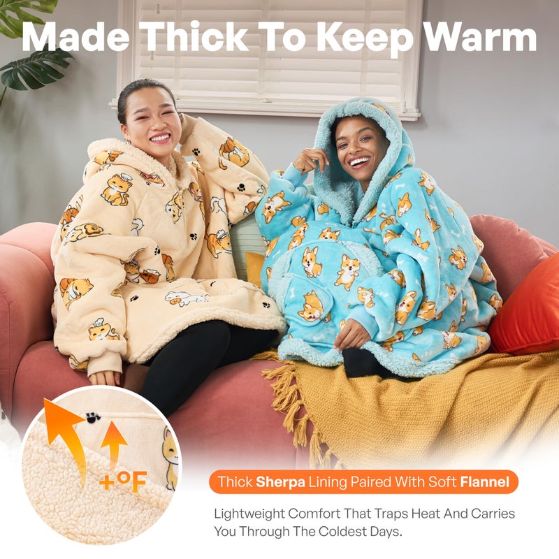 Giggling Getup Wearable Blanket Hoodie for Adults Gifts for Teen Girls Sister Women Sherpa Fleece Printed Hooded Blanket Sweatshirt Warm Cozy with Pocket & Sleeves Beige Cat - Image 2