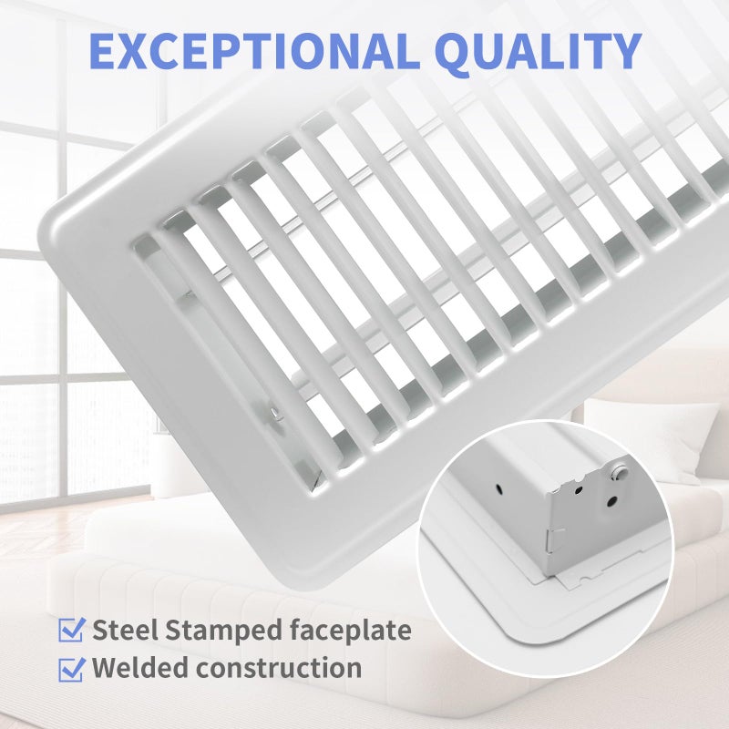 Howeall 4" x 10" Floor Register 2 Pack - Heavy Duty Steel Walkable Floor Vents - Easy Adjust Air Supply Lever - Vent Covers for Home (White) - Image 2