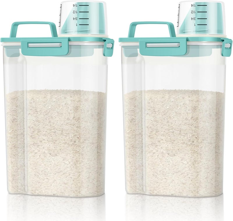 TBMax Rice Container Cereal Storage Container 2 Pack 5 Lbs, Kitchen Pantry Dry Food Storage Holder with Easy-Pouring Spout & Handy Cup, Small Pet Dog Cat Food Dispenser for Daily Feeding -Cyan - Image 1