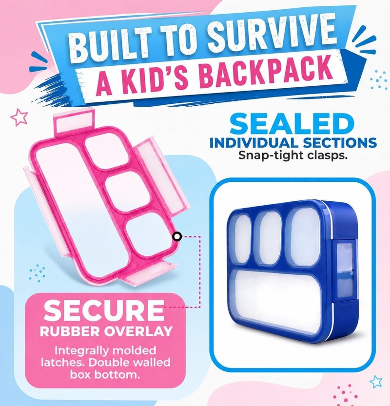 Kinsho Bento Lunch-Box for Kids and Adults: Leakproof Lunch Boxes with 4 Compartments, Divided Containers for Boys Girls Women Men - School Work Portion Container, Utensils, Blue + Rose Pink Set - Image 3