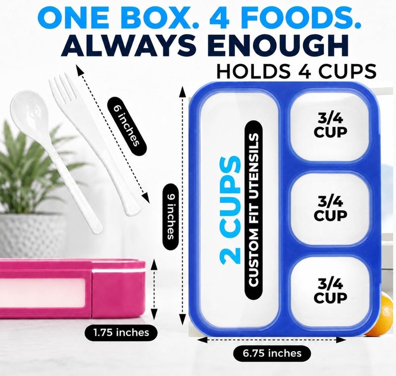Kinsho Bento Lunch-Box for Kids and Adults: Leakproof Lunch Boxes with 4 Compartments, Divided Containers for Boys Girls Women Men - School Work Portion Container, Utensils, Blue + Rose Pink Set - Image 2