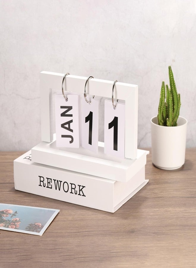 PATIKIL Vintage Wood Perpetual Calendar, Wooden Flip Calendar Turn Page Month Date Display for Desk Office Home Decoration, White - Image 4