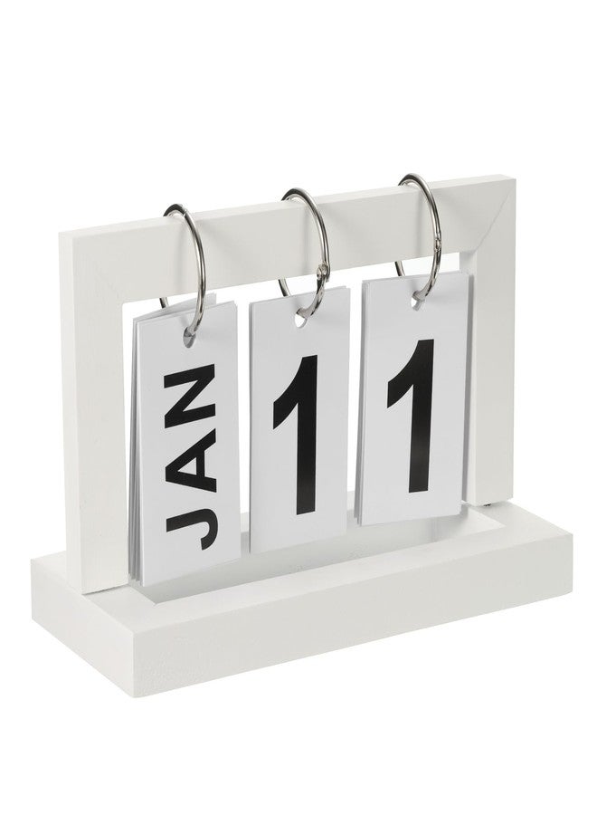 PATIKIL Vintage Wood Perpetual Calendar, Wooden Flip Calendar Turn Page Month Date Display for Desk Office Home Decoration, White - Image 1