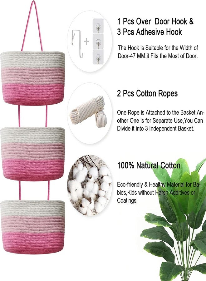Gleckn Small Basket Cotton Rope Basket With Cat Ears Little Storage Baskets For Organizing Bins Organizer Wicker Nursery Room For Kids Baby Dog Toy Drawer Gifts 9.5"X8.5"X4" (Mix-Pink, 3-Tier) - Image 2