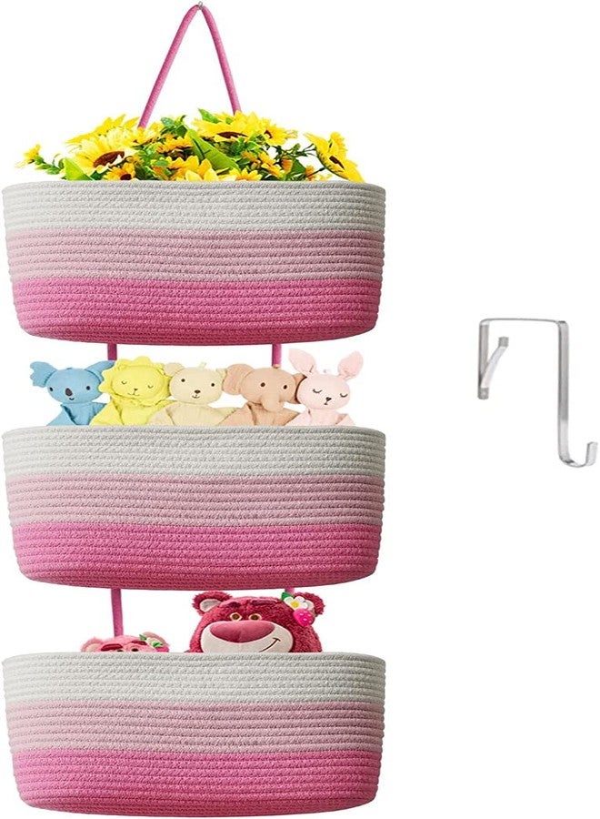 Gleckn Small Basket Cotton Rope Basket With Cat Ears Little Storage Baskets For Organizing Bins Organizer Wicker Nursery Room For Kids Baby Dog Toy Drawer Gifts 9.5"X8.5"X4" (Mix-Pink, 3-Tier) - Image 1