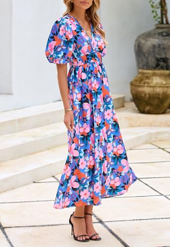 Maxigerui Women's Floral Maxi Dress Summer Fall Wedding Guest Dress Blue Pink Floral S - Image 4