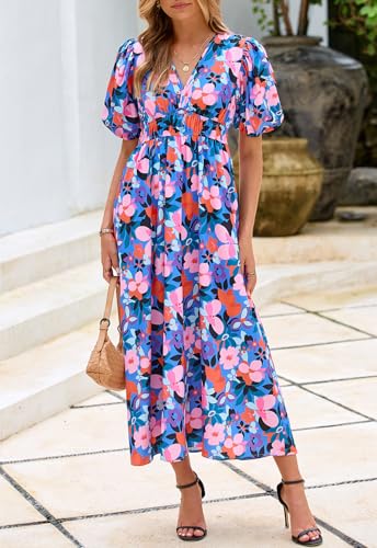 Maxigerui Women's Floral Maxi Dress Summer Fall Wedding Guest Dress Blue Pink Floral S - Image 5