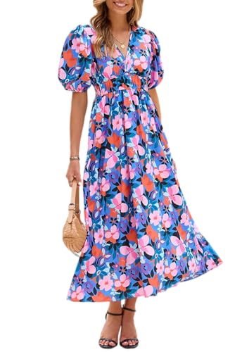 Maxigerui Women's Floral Maxi Dress Summer Fall Wedding Guest Dress Blue Pink Floral S - Image 1
