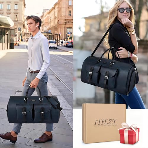 ITIEZY حقيبة ملابس للسفر، حقيبة دفل قابلة للتحويل للرجال 3 قطع، حقيبة كبيرة مقاومة للماء من الجلد الصناعي لحقيبة سفر للأعمال 2 في 1، حقيبة ملابس معلقة للسفر، حقيبة بدلة للأعمال - Image 2