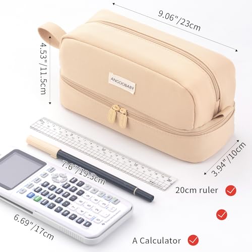 ANGOOBABY Big Capacity Large Pencil Case Canvas Pen Pouch Bag with 2 Compartments for Girls Boys Teen School Students Adults - Khaki - Image 3