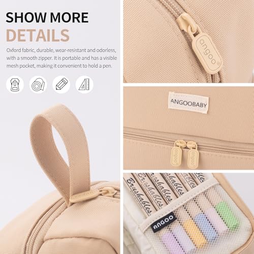 ANGOOBABY Big Capacity Large Pencil Case Canvas Pen Pouch Bag with 2 Compartments for Girls Boys Teen School Students Adults - Khaki - Image 2
