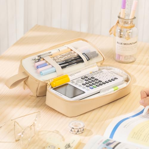 ANGOOBABY Big Capacity Large Pencil Case Canvas Pen Pouch Bag with 2 Compartments for Girls Boys Teen School Students Adults - Khaki - Image 5