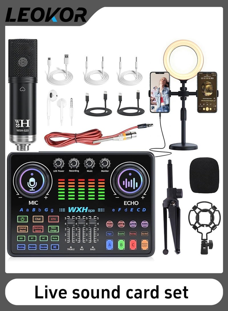 LEOKOR Sound Card Microphone Podcast Package,Live Broadcast Equipment with Ring Light/Recording Studio for Live Streaming/Suitable for Podcasting/Live Broadcasting/Singing/PC/Mobile/TikTok/YouTube - Image 1