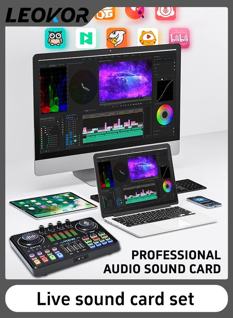 LEOKOR Sound Card Microphone Podcast Package,Live Broadcast Equipment with Ring Light/Recording Studio for Live Streaming/Suitable for Podcasting/Live Broadcasting/Singing/PC/Mobile/TikTok/YouTube - Image 3