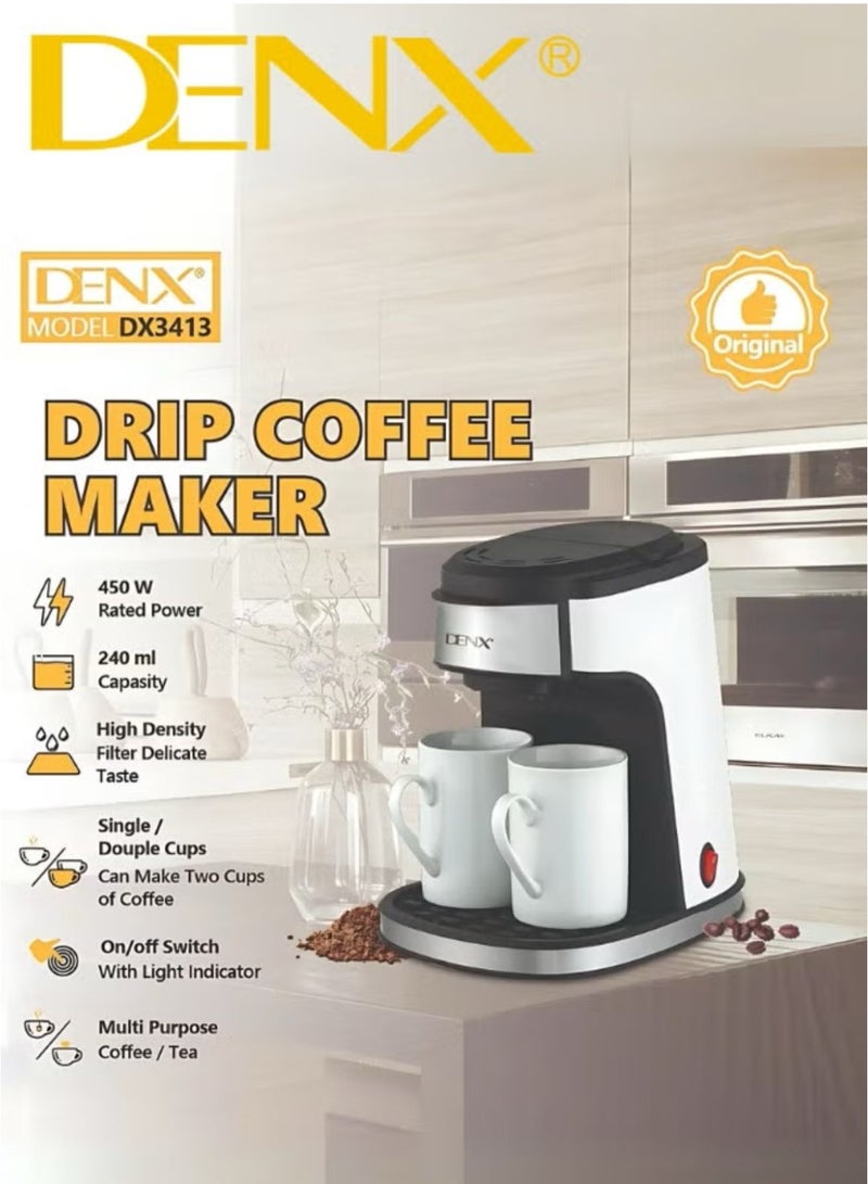 DENX DX3413 Drip Coffee Maker – 450W Power, 240ml Capacity, High Density Filter, Single/Double Cup Brewing, Sleek Design with Light Indicator, Multi-purpose for Coffee & Tea – Ideal for Home or Office - Image 2