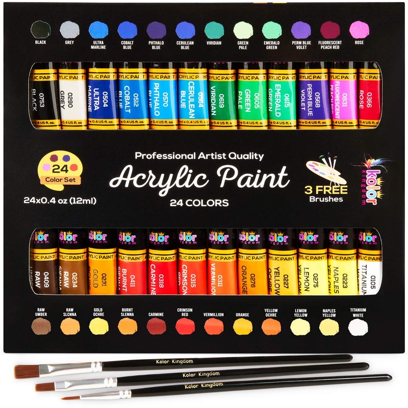 KOLOR KINGDOM Acrylic Paint Set Canvas Art Paints 24 Colors Perfect Paint Finish (0.41oz,12 ml) With 3 Brushes - Painting Canvas, Paper, Wood, Rock, MDF, Ceramic & Fabric - Image 1