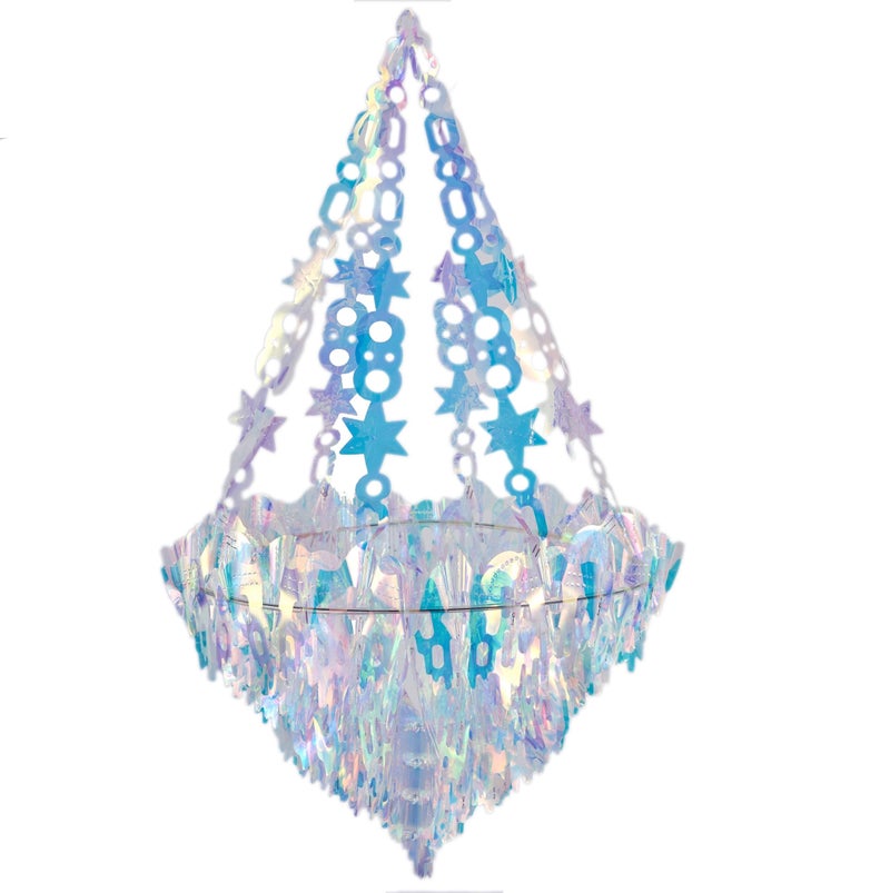 Blukey Hanging Decorations Iridescent Chandelier Shaped Foil Ceiling Hanging Ornament for Bridal Shower Wedding Birthday Frozen Theme Party Fairy Princess Rainbow Show Decoration - Image 1