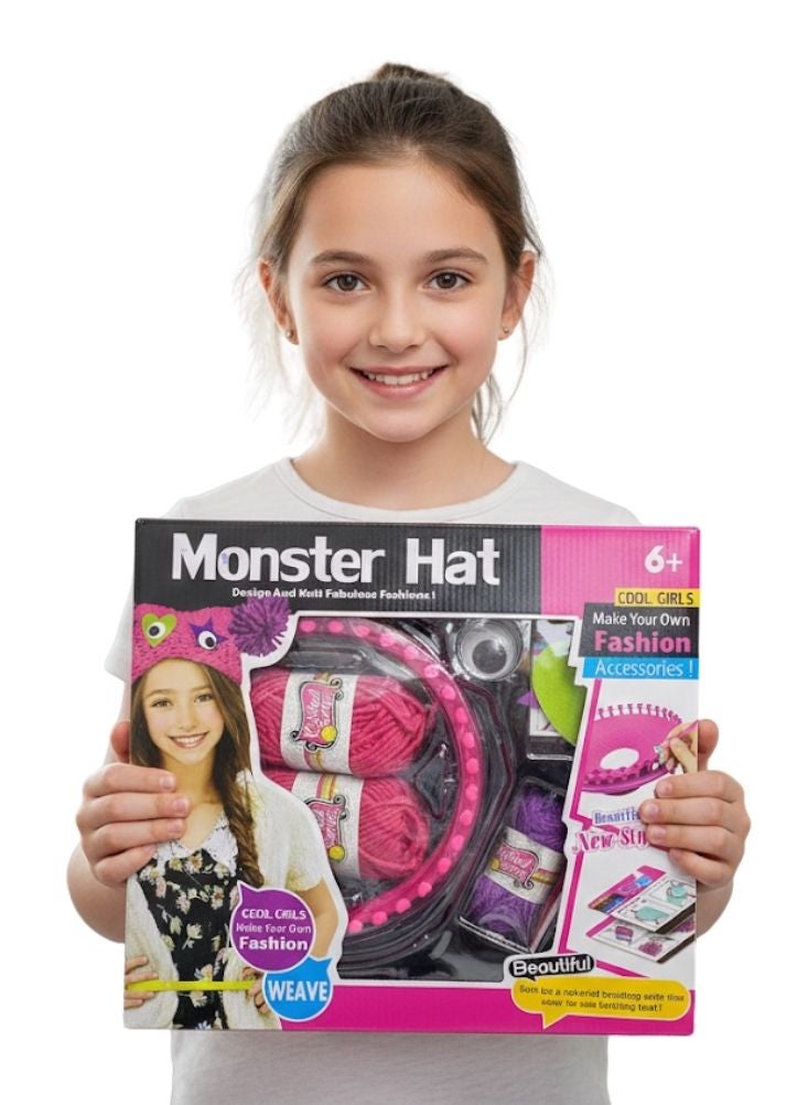بريميم طقم حياكة قبعة الوحش للبنات - طقم نسج يدوي باللونين الوردي والبنفسجي مع خيوط، لعبة حرفية إبداعية للأزياء (للأعمار من 6 سنوات فما فوق) - Image 2