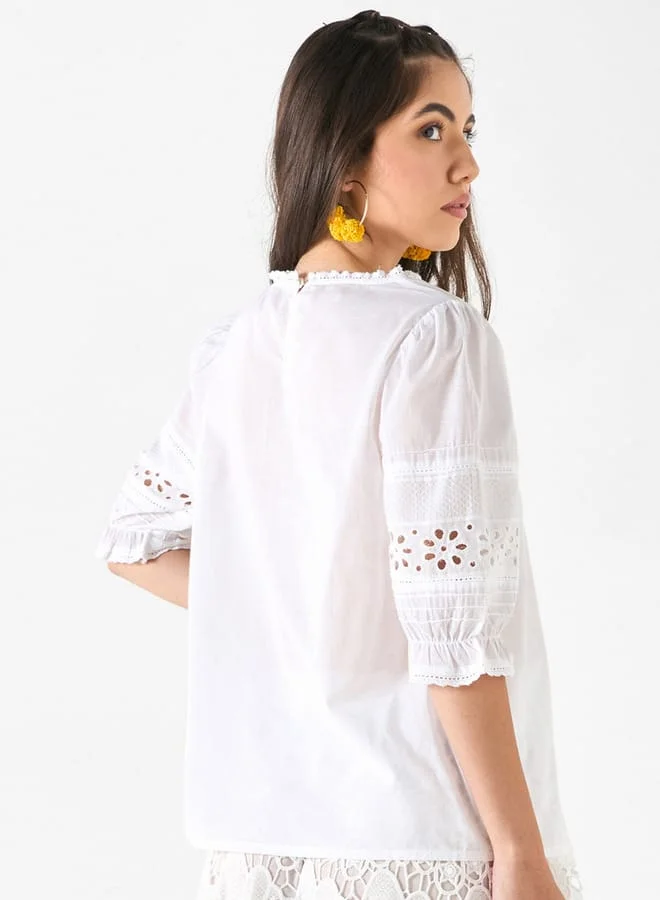 Lee Cooper Lee Cooper Schiffili Embroidered Top with 3/4 Sleeves