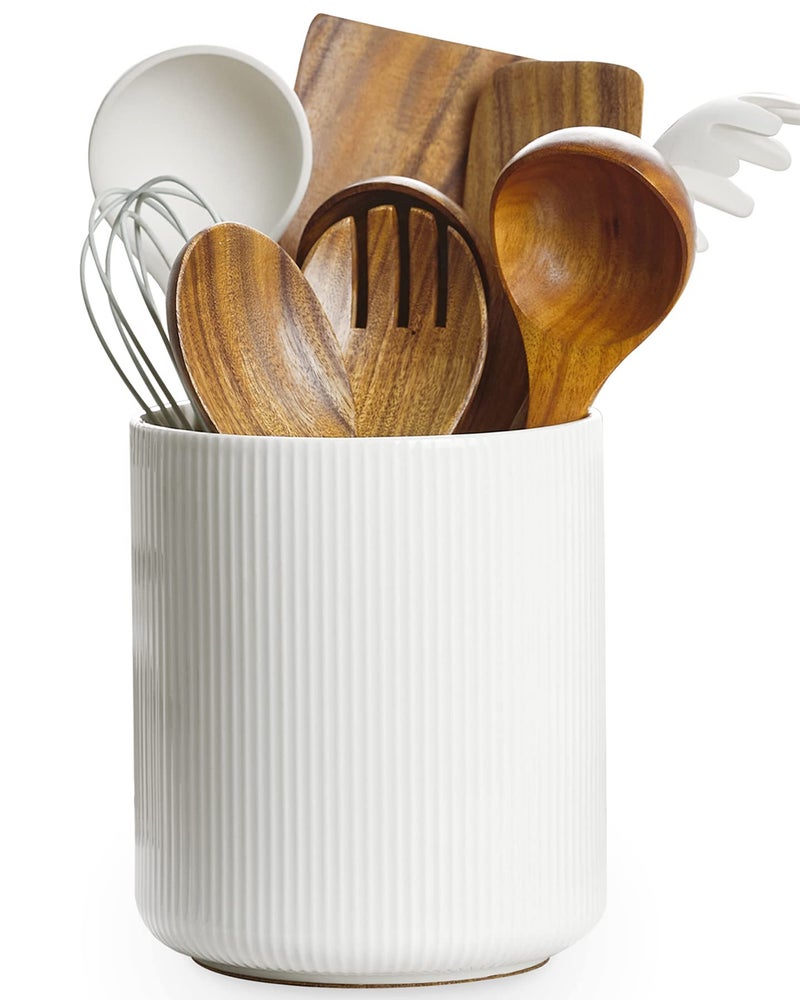 getstar Utensil Holder, Large Kitchen Utensil Holder for Kitchen Counter (H7.2” x W6.2”), Ceramic Cooking Utensil Holder with Cork Mat, Kitchen Decor for Counter (White, Utensils Not Included) - Image 1