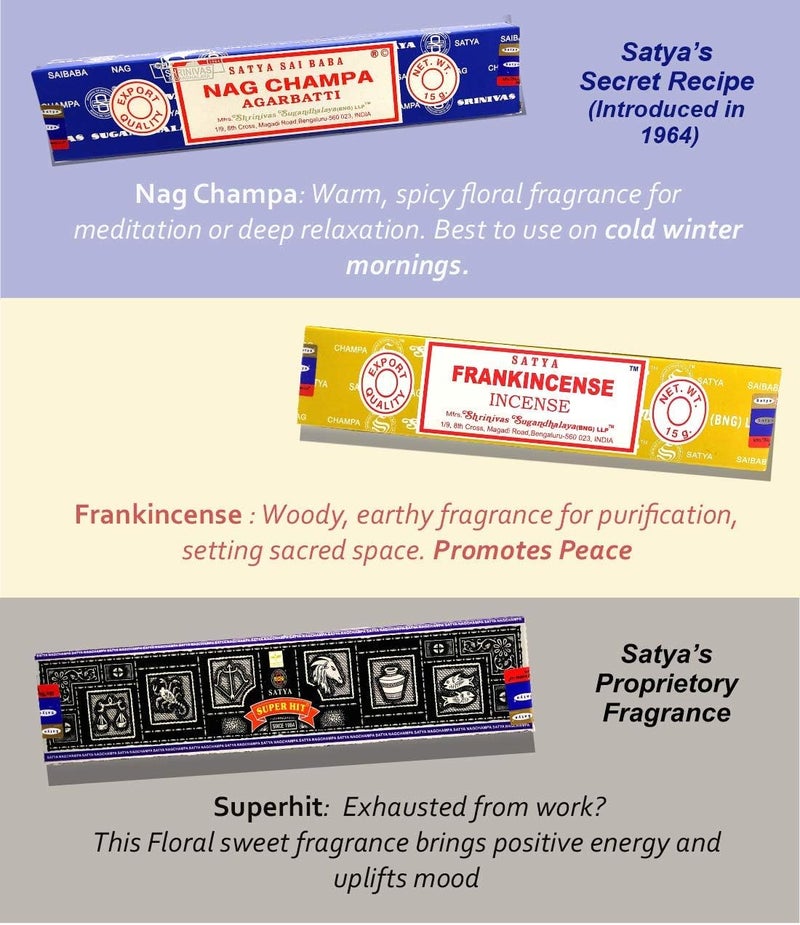 Satya Nag Champa Incense Sticks Variety- Pack (12 Incents, 140+ Sticks) | 100% Original Handrolled Masala | Incense BNG | For Stress Relief, Meditation Decor, Spiritual Decor & Home Fragrance Products - Image 2